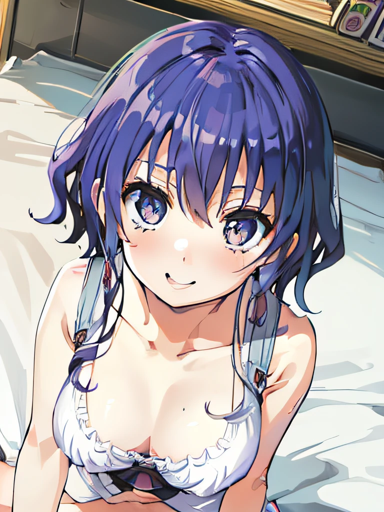 ((masutepiece)), ((Best Quality)), (Ultra-detailed), Anime style, from below looking up, on the bed, Cute  s, 1girl in, Solo, underwear00, ((Beautiful eyes)), large full breasts, Smile