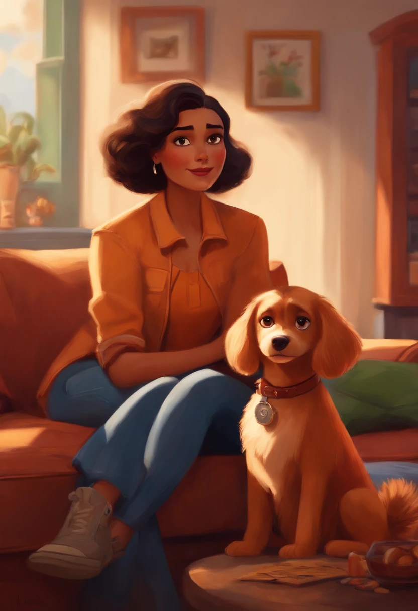 Menina morena estilo desenho animado, Pixar, Holding a medium-sized caramel dog, roupa da marca Levis, sitting on a couch