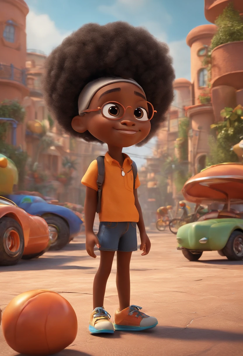 Um arquiteto de sonhos futurista, 6-year-old black child, mas realista, inspired by Pixar animation, de perto. The character takes center stage with captivating facial expressions, oferecendo um toque de irrealidade.