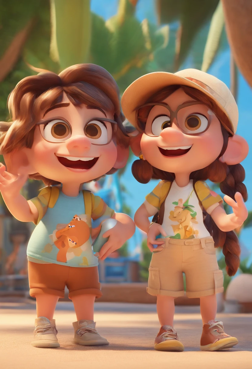 Cartoon of friends having fun on vacation together, 3D Animation Movie Poster, Poster de filme animado, pixar 3 d animation style, pixar renderman rendering, maia 8 mil, animated film, Disney Pixar Estilo 3D, amigos felizes saem juntos, all wearing light blue shirts and cream brown long pants, camisa azul clara, cream brown pants, ao ar livre, vacation, Disney Pixar Animation Poster