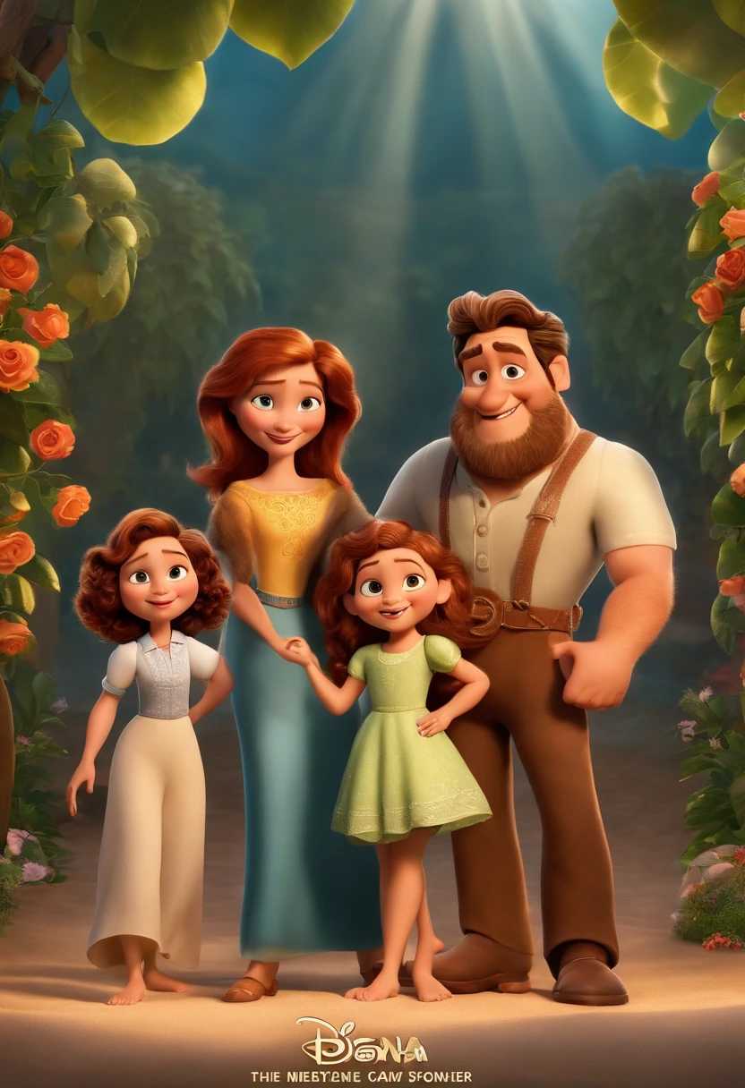 a Disney Pixar movie poster showing a white-skinned family. The father is the tallest, Tem barba curta, loiro, cabelos curtos e espinhosos. The mother has brown eyes and hair, shoulder-length and is slightly overweight. A menina tem 4 anos e cabelos castanhos, roupa rosa e rabos de cavalo. The background is a beach garden. 3D-rendering