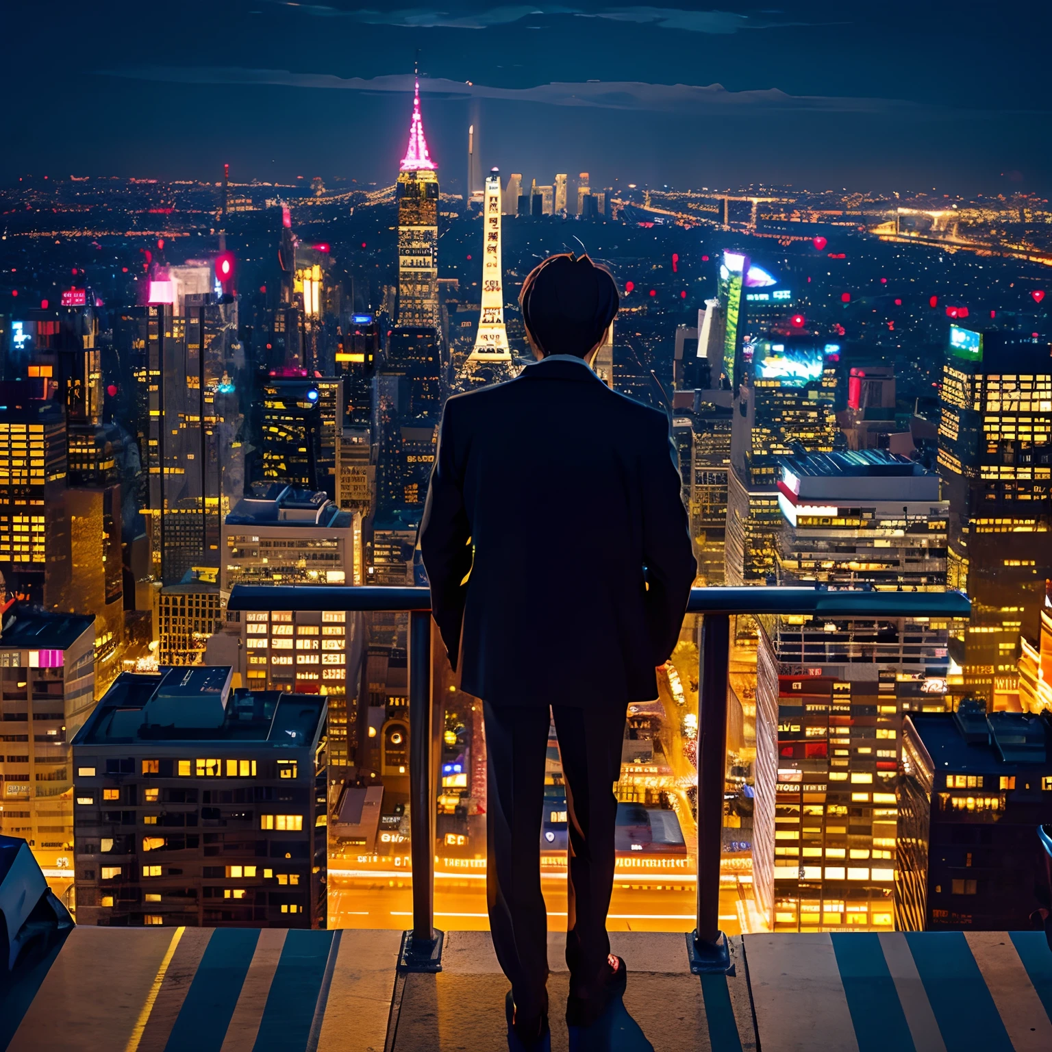 suits、male 、Anime Pictures、Big city in the background、Night city、Anime Paintings