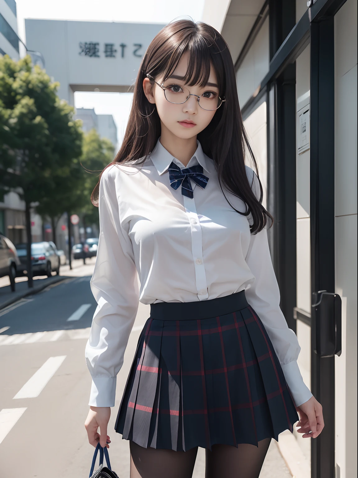 (Underwear is visible)、((Narrow-eyed))、((Narrow-eyed))、((Narrow-eyed))、(8K、Raw photography、top-quality、​masterpiece：1.2),((small tits))、((small tits))、((small tits))、((small tits))、((small tits))、((A-cup))、((A-cup))、((A-cup))、((A-cup))、((A-cup))、Has a small、(flat breast)、(flat breast)、(flat breast)、(flat breast)、(flat breast)、(being thin)、light skinned、skin whitening、Dark look、Rasping,glamor,Chromo-white skin,cocky,School,watching at viewers,Looking at the front,Muchimuchi,High-pitched clothing,Erotic,Pupils,de pele branca,kne,((Black pantyhose)),absurderes,a small face,,Forehead visible,Bangs hanging from the left and right sides of the forehead,(a cold expression,Tight eyes,glares,Bullish,irate)、​masterpiece,top-quality、超A high resolution,Raw photo,ren,Beautiful fece,One Person, 独奏,eye glass,,Dark look,Small breasts,fullllbody,Round glasses,JK school uniform,hi-school girl,A Japanese Lady,is standing,（Photorealsitic：1.37）、Photon mapping,Realistic、Beautie,Cute little face,Brown-eyed、Black socks、(Red bow tie)、Radio City、Physically Based Rendering、depth of fields、Blurry background、a picture,Body,beauty legs, Long legs, Thin leg,(Bangs are visible), hair, s lips, Blue_The eye, nosesoft,(Light blue shirt), (Navy and blue and white plaid pleated skirt), Knees are visible,Sheer clothing,, Thigh, Black cotton socks,Nogizaka Idol, 女優, Japanese ido