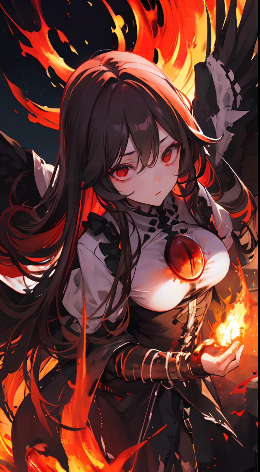 best quality,4k,8k,highres,masterpiece:1.2,ultra-detailed,realistic,photorealistic:1.37,reiuji utsuho,(red eyes),vibrant fiery red hair,delicate facial features,beautiful detailed eyes,beautiful detailed lips,girl in,dark,tattered clothes,wings of blazing fire,standing in,a desolate landscape,glowing red aura,emitting intense heat,surrounded by,floating embers,with sparks,interacting with,an otherworldly power,dark power radiating from within,ominous smoke billowing,casting eerie shadows across the scene,intense contrast of light and dark,creating a sense of mystery,dangerous but alluring presence,scorching heat melting the surroundings,distorted landscape with flowing lava,giving a sense of foreboding,showing the power of destruction and creation,overwhelming energy resonating,pulsating with each heartbeat,bathed in the glow of a blood-red moon,engulfed by swirling flames,intense heat distorting the air,creating shimmering waves of red,molten metal flowing like rivers,streaks of orange and yellow illuminating the sky,flickering flames illuminating her face,evoking a sense of loneliness,determination,and power,bold brushstrokes and rich textures,contrasting dark and bright colors,expressing the duality of her character.