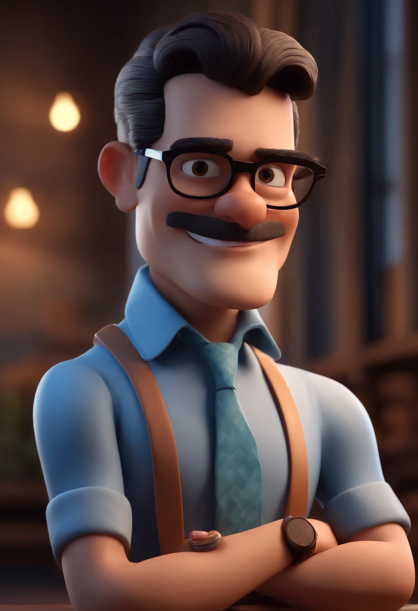 Cartoon character of a man with black glasses and a blue shirt, animation character, Caractere estilizado, animation style rendering, 3D estilizado, Arnold Maya render, 3 d render stylized, toon render keyshot, Personagem 3D, Personagem 3D, 3d rendering stylized, 3 d character render, personagem de desenho animado, Personagem de close up, Pose de personagem, (Estilo Pixar) (master part:1.2) (Bokeh) (best quality) (pele detalhada) (textura detalhada) (8k) (argila) (Cinematic lighting) (foco nítido