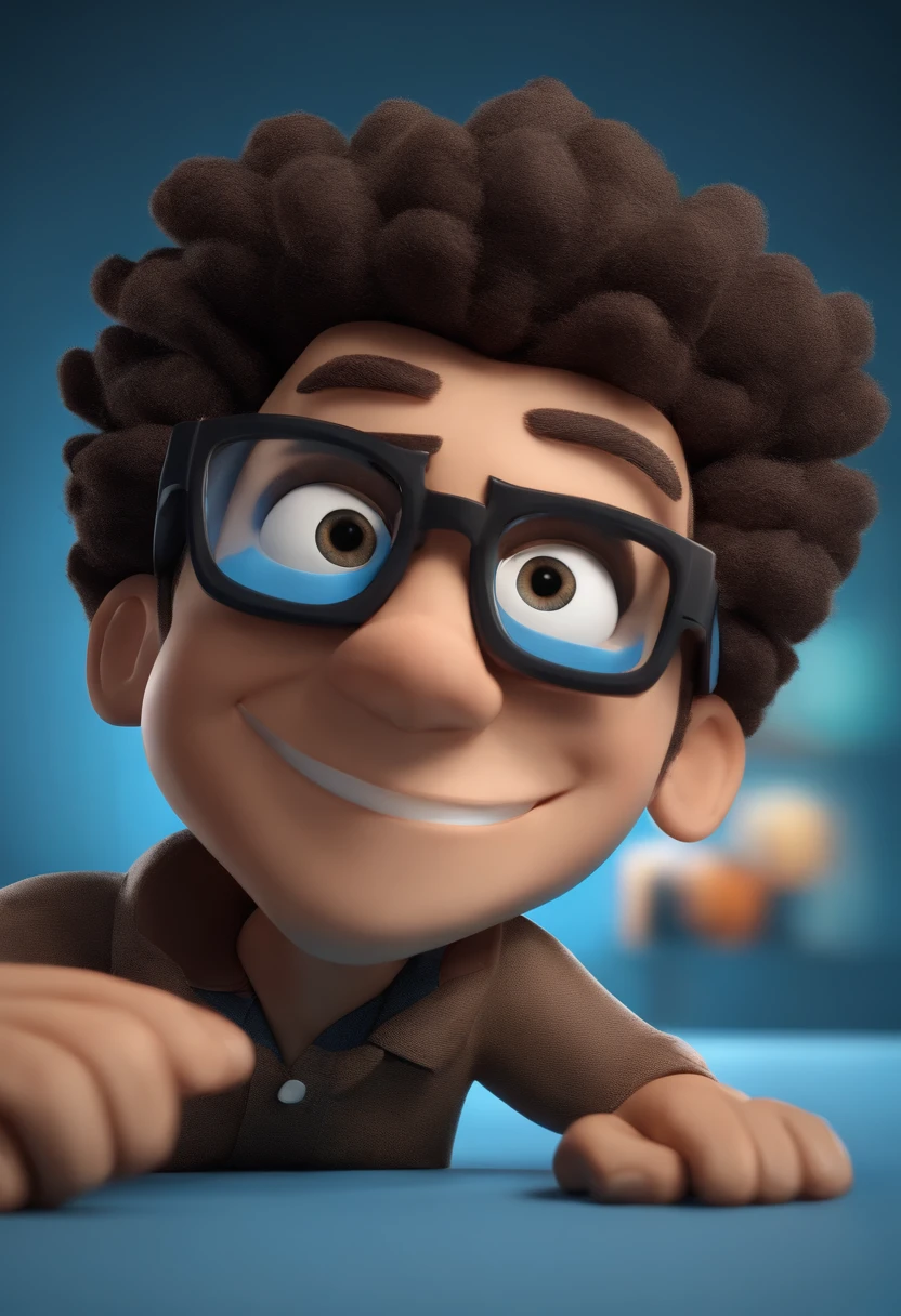 Cartoon character of a man with black glasses, cabelo cacheado marrom escuro e uma camisa azul, animation character, Caractere estilizado, animation style rendering, 3D estilizado, Arnold Maya render, 3 d render stylized, toon render keyshot, Personagem 3D, Personagem 3D, 3d rendering stylized, 3 d character render, personagem de desenho animado, Personagem de close up, Pose de personagem, (Estilo Pixar) (master part:1.2) (Bokeh) (best quality) (pele detalhada) (textura detalhada) (8k) (argila) (Cinematic lighting) (foco nítido