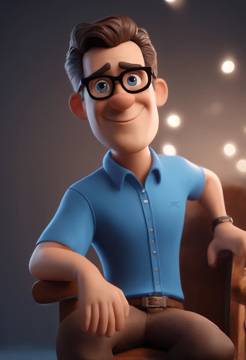 Cartoon character of a man with black glasses and a blue shirt, animation character, Caractere estilizado, animation style rendering, 3D estilizado, Arnold Maya render, 3 d render stylized, toon render keyshot, Personagem 3D, Personagem 3D, 3d rendering stylized, 3 d character render, personagem de desenho animado, Personagem de close up, Pose de personagem,  (Estilo Pixar) (master part:1.2) (Bokeh) (best quality) (pele detalhada) (textura detalhada) (8k) (argila) (Cinematic lighting) (foco nítido