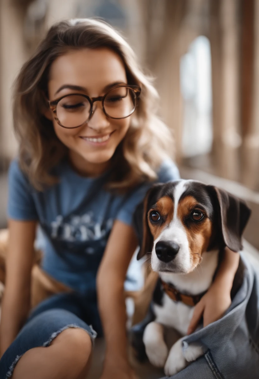Pixar. Casal com um filhote de cachorro beagle marrom. A menina tem os cabelos loiros amarrados, Camiseta cinza e jeans claro, white glasses. O menino de cabelos pretos com cabelos grisalhos, barba pequena, oculos, Dark blue jeans and gray t-shirt. They are both smiling and are 40 years old