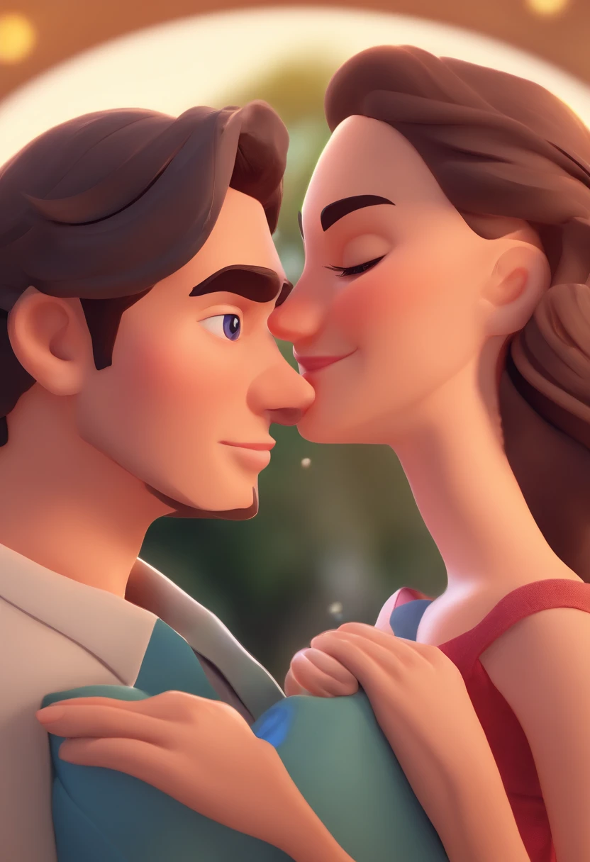 An illustration of an adorable couple, Destacando um homem e uma mulher com beleza, Expressive eyes – the man's hair is bald and brown and he has a full beard, While the woman's hair is tied up in a bun and blonde. They are a bright space, Todos com um sorriso no rosto, e compartilhe um momento especial, That is marked by love, viagem, and pedagogical insights. Ilustre esta cena a partir de uma perspectiva, where they're facing away from the camera, Show Your Connection. Desenvolva esta arte em Full HD, Focus on your cinematic touch, Estilo Disney Pixar Animations
