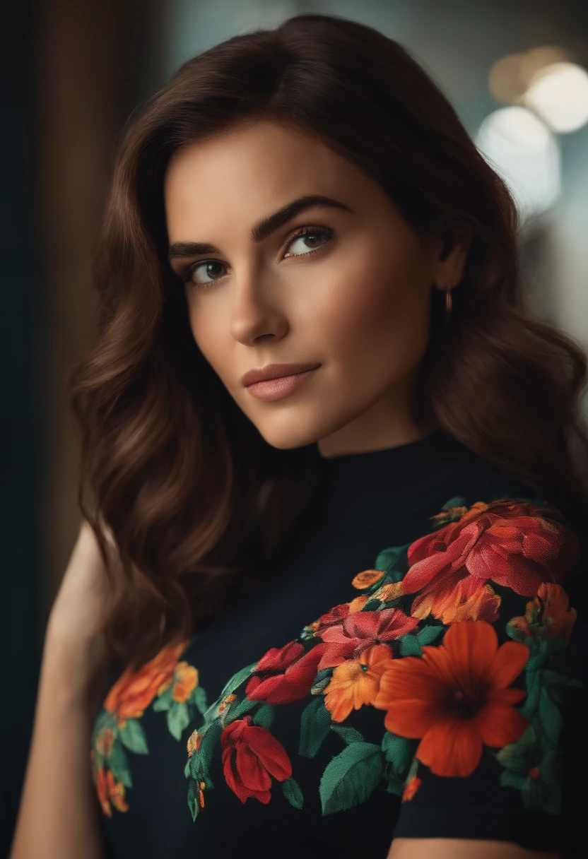 filme Marketing 2023 estilo filmes Pixar, Com nome "N - Marketing", poster, With short, lighter brunette hair and a black t-shirt in front of her crossed arms.
