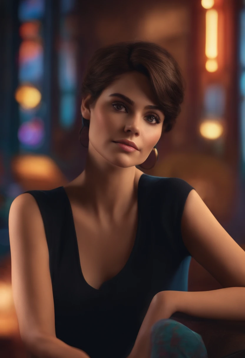 filme Marketing 2023 estilo filmes Pixar, Com nome "N - Marketing", poster, With short, lighter brunette hair and a black t-shirt in front of her crossed arms.