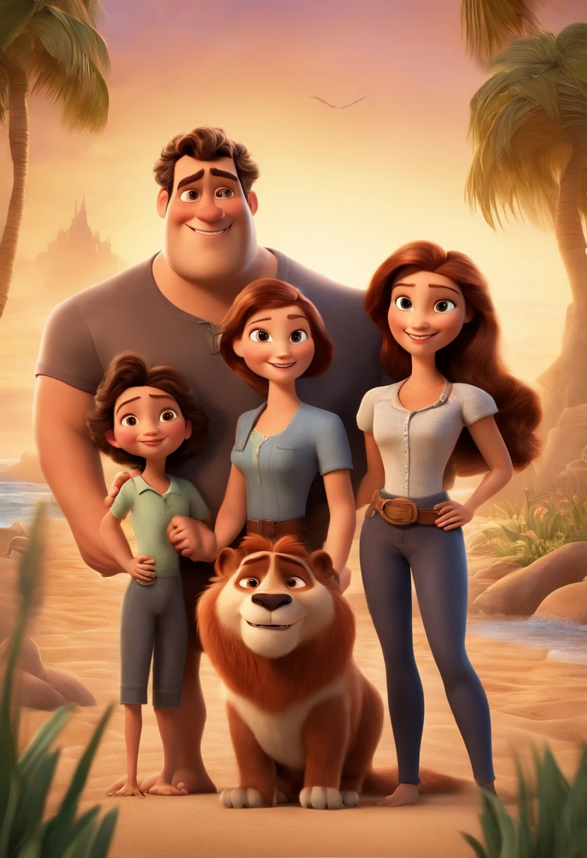 a Disney Pixar movie poster showing a white-skinned family. The father is the tallest, Tem barba curta, loiro, cabelos curtos e espinhosos. The mother has brown eyes and hair, shoulder-length and is slightly overweight. A tem 4 anos e cabelos castanhos, roupa rosa e rabos de cavalo. The background is a beach garden. 3D-rendering