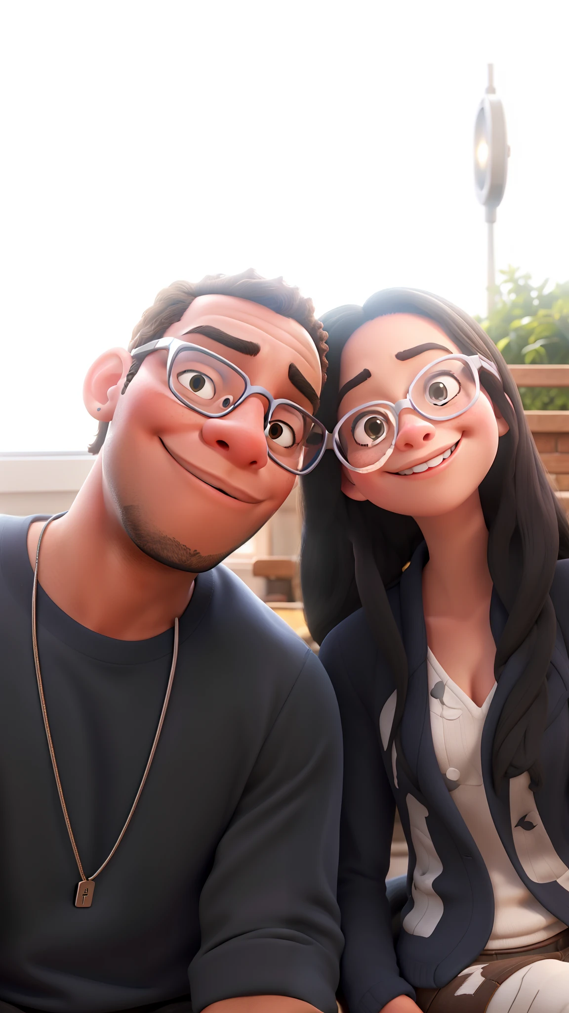Disney Pixar Cartoon, Young couple black man and white girl both wearing glasses