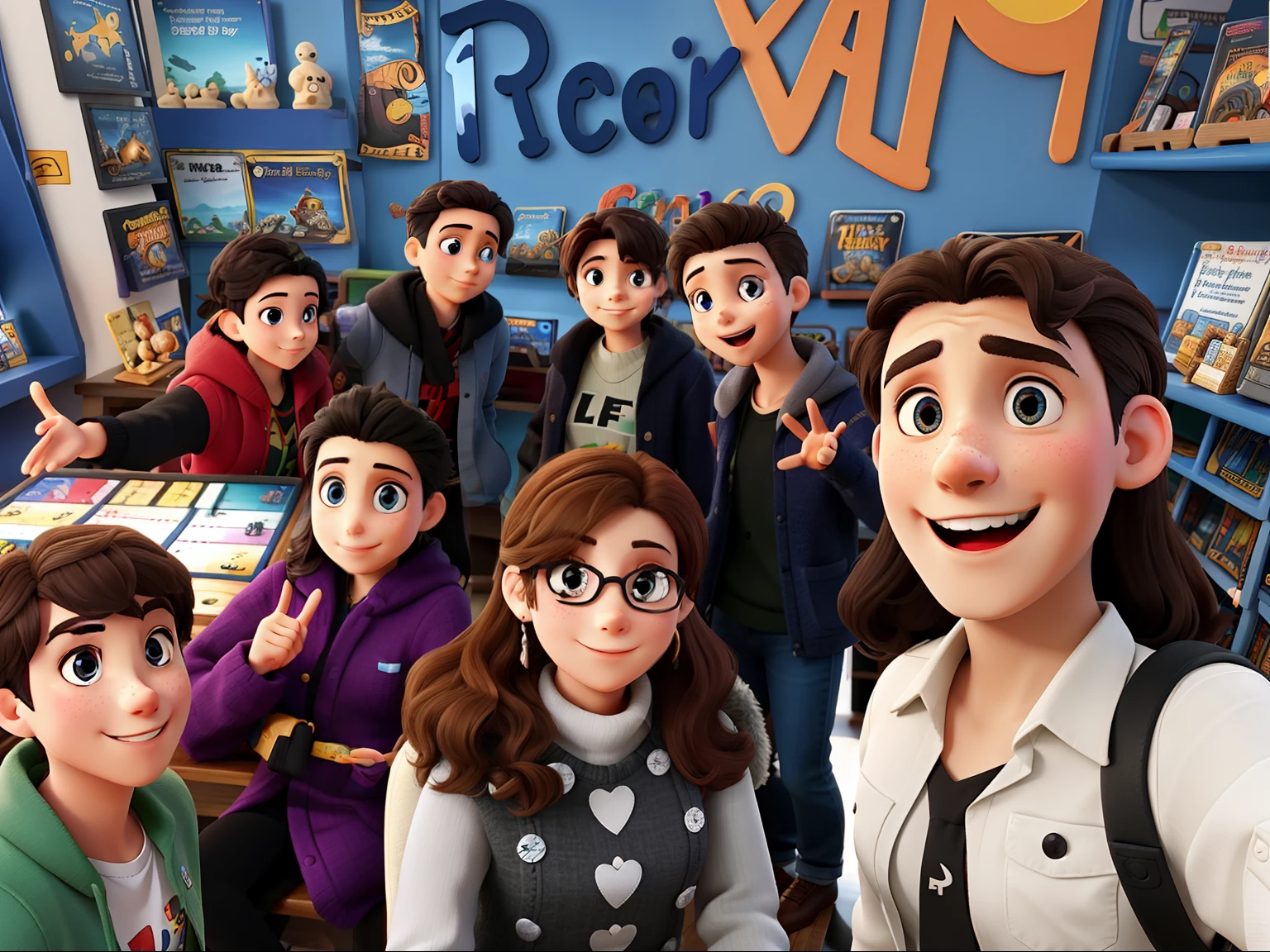 A group of 9 friends at a board game store