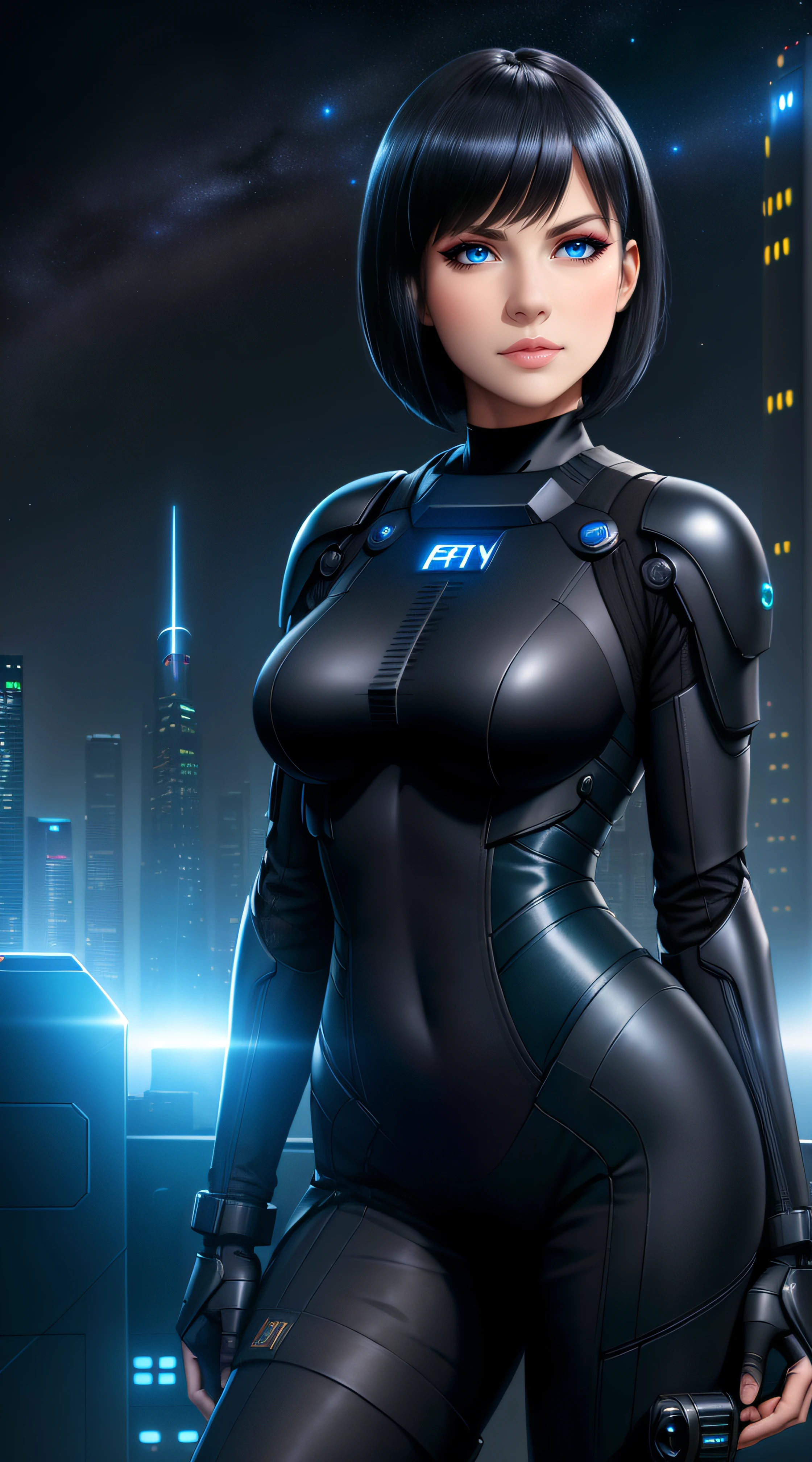 Science Fiction,Sci-Fi,Sci-Fi Movies,Foundation Movie References,Stories about Rebellion,Anti-Government Groups,25-Year-Old Woman, Full Body, Adult,Dark Blue Water-Colored Eyes,Black Bob Short Hair,leather body suit,Serious Face,Realistic Face Resolution,Realistic,Object Resolution, (dark city night black background:1.4)