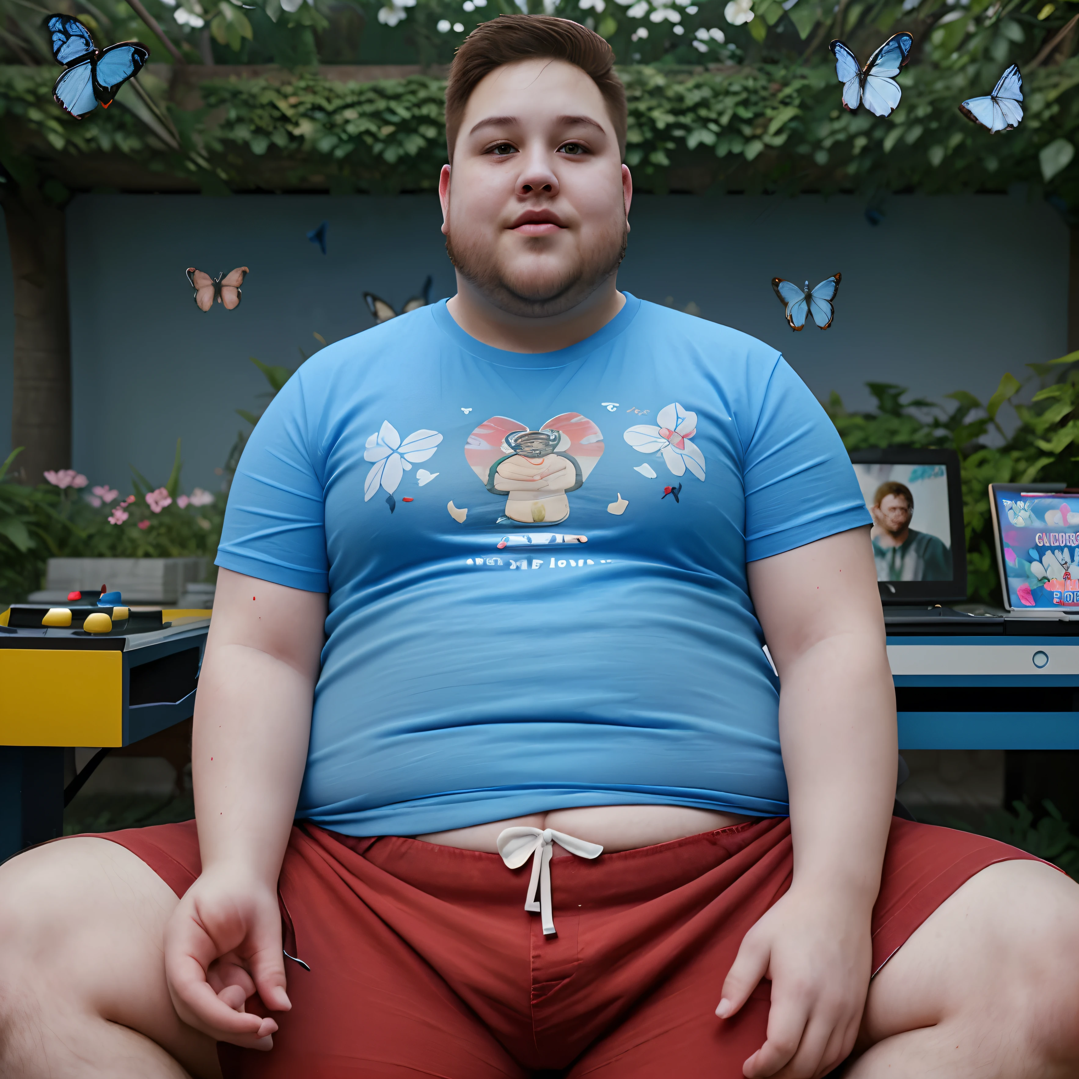 A chubby boy with a thin beard and shaved hair playing video games in the middle of a flower garden wearing a blue t-shirt and red pants surrounded by blue butterflies