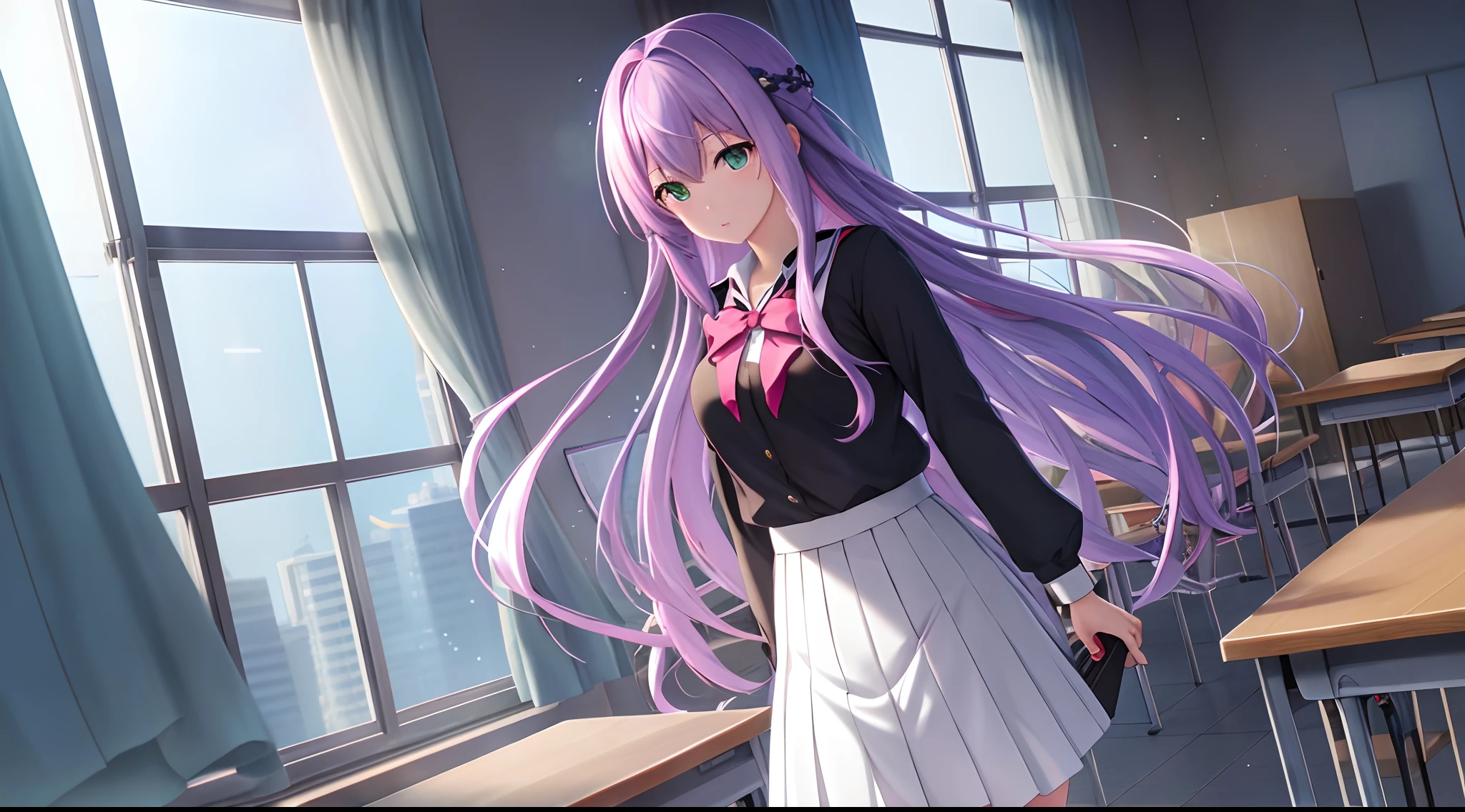 Athena with plain long light purple hair,hair between eyes,green eyes,rosy cheeks,full lips,thin eyebrows,slender body,wearing black school uniform and full long skirt,praying beads on neck,cute anime girl,full body,classroom computer in background,anime style,Lumen Reflections,Screen Space Reflections,Diffraction Grading,Chromatic Aberration,GB Displacement,Scan Lines,Ray Traced,Anti-Aliasing,FXAA,TXAA,RTX,SSAO,Shaders,OpenGL-Shaders, GLSL-Shaders,Post Processing,Post-Production,cell Shading,Tone Mapping,CGI,VFX,SFX,insanely detailed and intricate, 4K,standing, solo, masterpiece, best quality, detailed face, detailed eyes, highres, standing, solo,masterpiece, best quality
