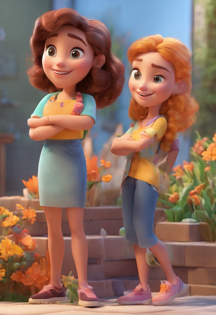 Estilo Pixar: Familia, A mother and two girls. Uma e outra de 8 anos e um menino de 12 anos
