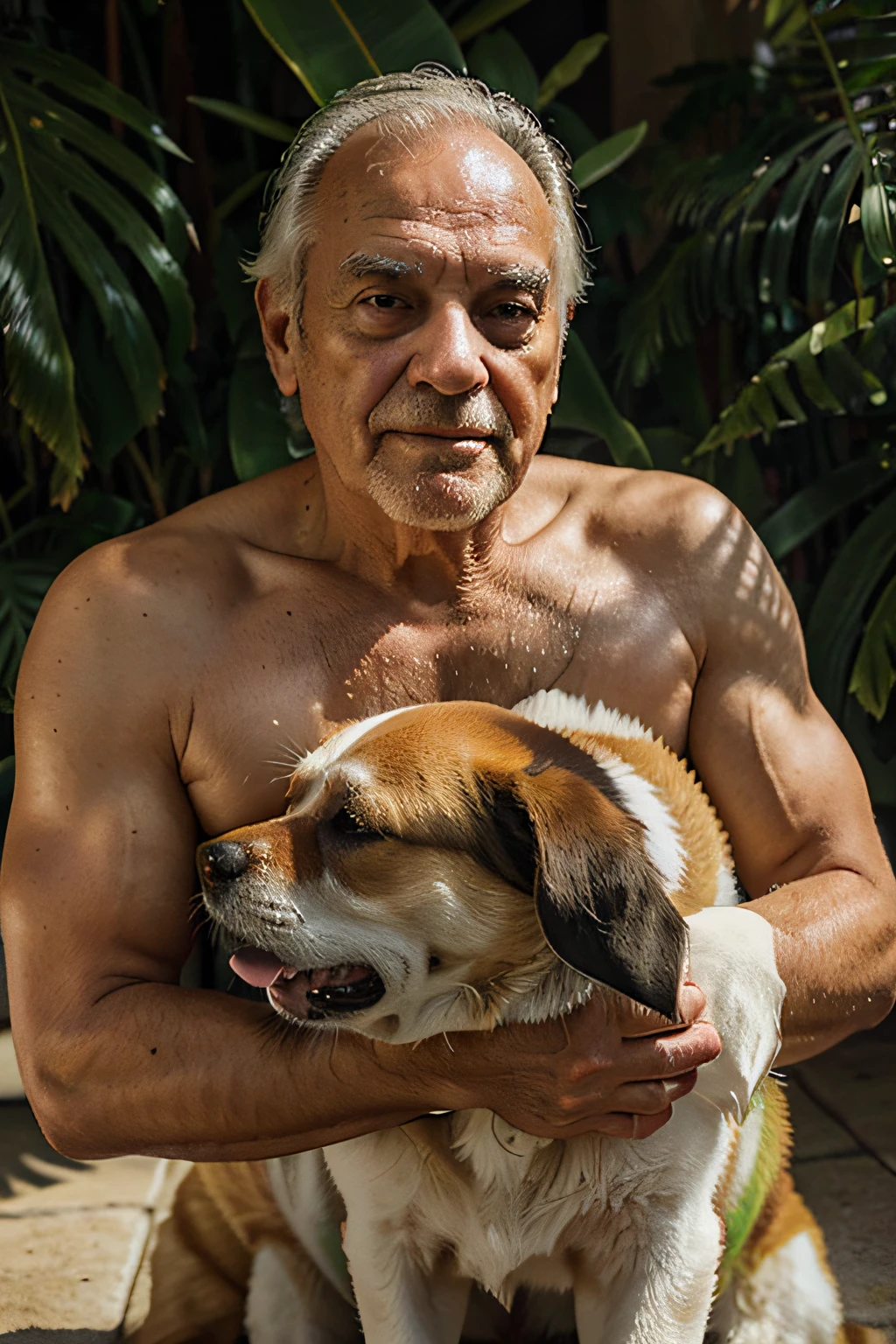 Beautiful, master part, melhor qualidade, Rosto extremamente detalhado, perfect lighting, old man, um pouco de gordura, Dono, Dono, boas-vindas, to your dog, heaven, ceu, Receiving in Paradise.
