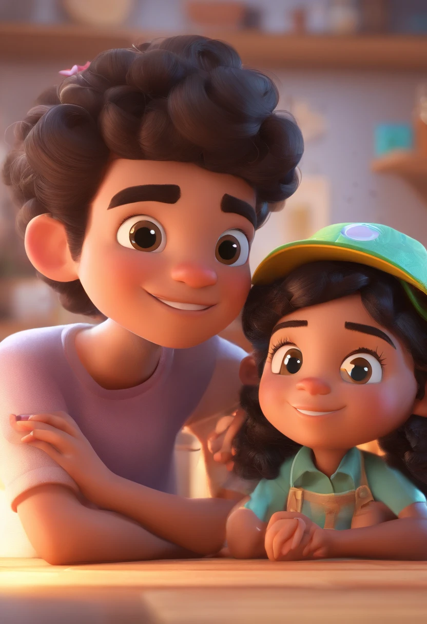 An illustration of an adorable couple, destacando um homem e uma mulher com bonito, Expressive eyes – the man's skin is black and the man's hair is bald and black, while the woman's skin is black and the woman's hair is curly and brown. They are a bright room, cada um com um sorriso no rosto, e compartilhar um momento especial caracterizado pelo amor, arroz, e insights educacionais. Illustrate this scene from a perspective where they are facing away from the camera, Showing Your Connection. Desenvolva esta arte em Full HD, Focus on your cinematic touch, Estilo Disney Pixar Animations