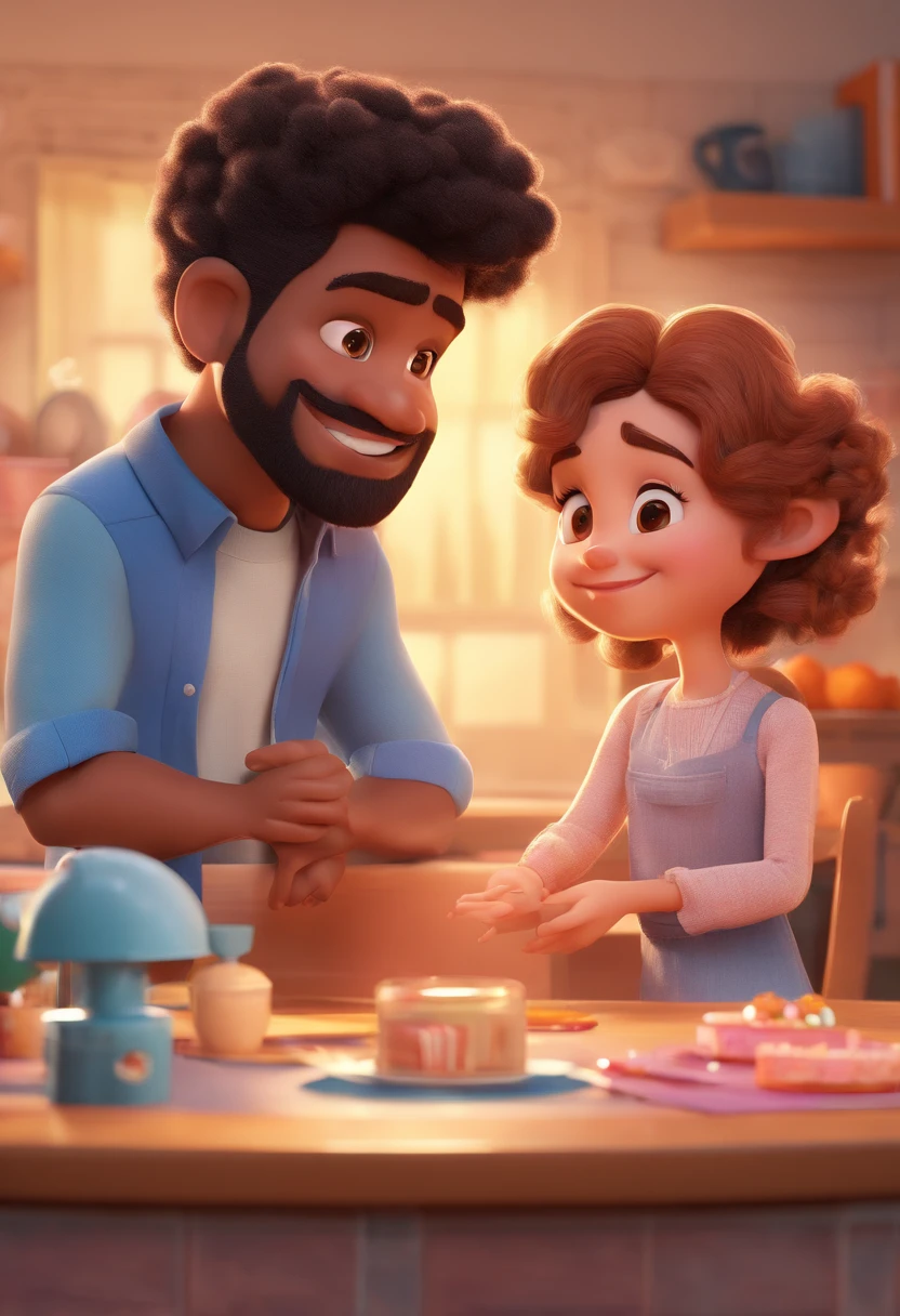An illustration of an adorable couple, destacando um homem e uma mulher com bonito, Expressive eyes – the man's skin is black and the man's hair is bald and black, while the woman's skin is black and the woman's hair is curly and brown. They are a bright room, cada um com um sorriso no rosto, e compartilhar um momento especial caracterizado pelo amor, arroz, e insights educacionais. Illustrate this scene from a perspective where they are facing away from the camera, Showing Your Connection. Desenvolva esta arte em Full HD, Focus on your cinematic touch, Estilo Disney Pixar Animations