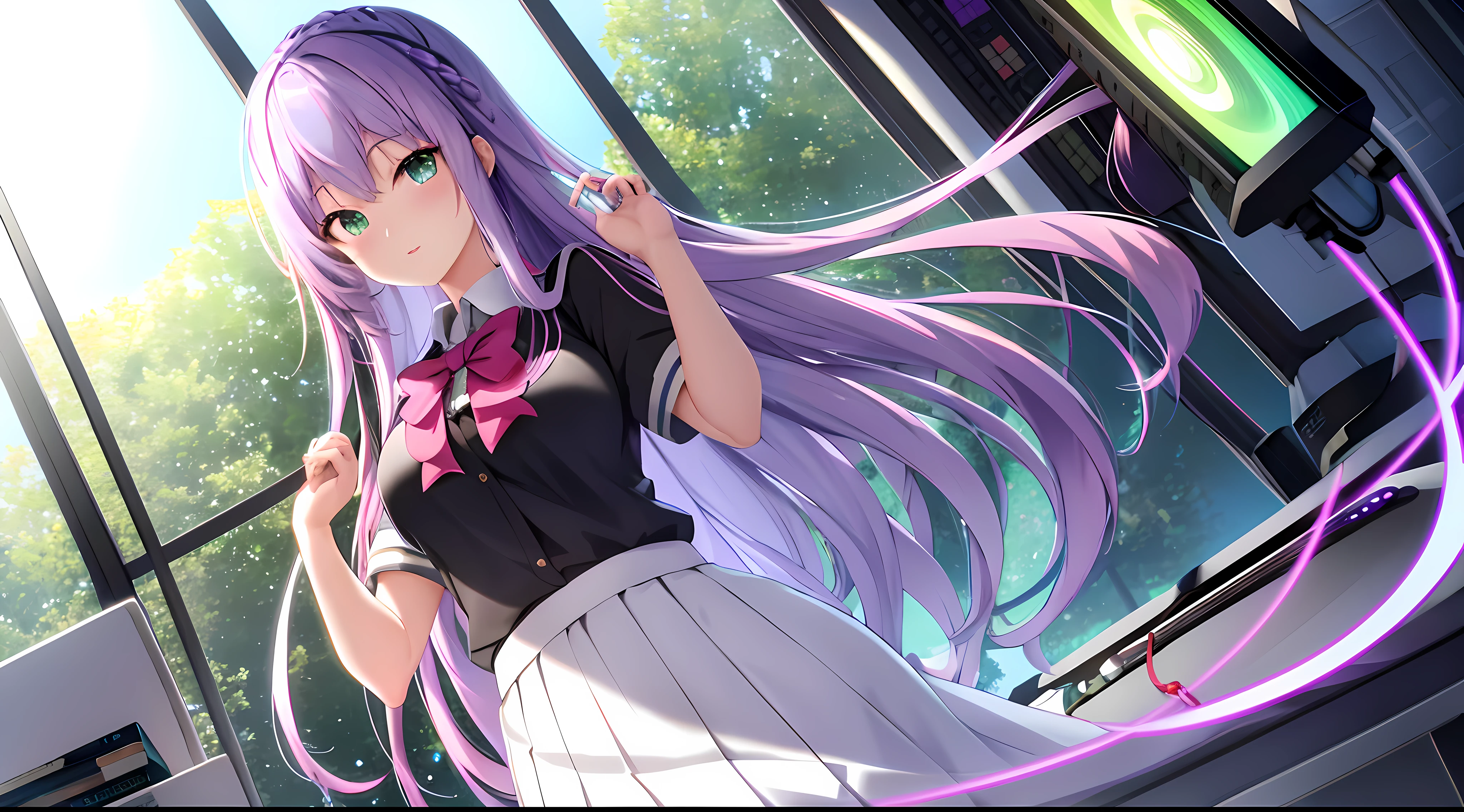 Athena with plain long light purple hair,hair between eyes,green eyes,rosy cheeks,full lips,thin eyebrows,slender body,wearing black school uniform and full long skirt,praying beads on neck,cute anime girl,full body,classroom computer in background,anime style,Lumen Reflections,Screen Space Reflections,Diffraction Grading,Chromatic Aberration,GB Displacement,Scan Lines,Ray Traced,Anti-Aliasing,FXAA,TXAA,RTX,SSAO,Shaders,OpenGL-Shaders, GLSL-Shaders,Post Processing,Post-Production,cell Shading,Tone Mapping,CGI,VFX,SFX,insanely detailed and intricate, 4K,standing, solo, masterpiece, best quality, detailed face, detailed eyes, highres, standing, solo,masterpiece, best quality