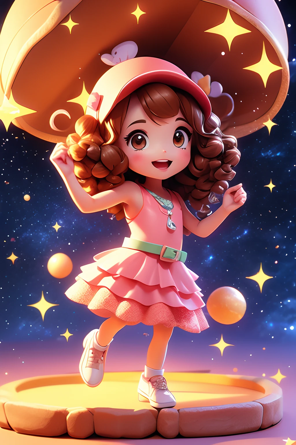 Dancing girl,long brown curly hair,starryskybackground