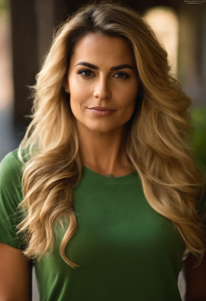 Chica con pelo rubio, ojos verdes, Very pretty 35 year old in a t-shirt looking directly at the camera, facciones venezolana, rostro realista, Hi-Def, llamativa y atractiva.