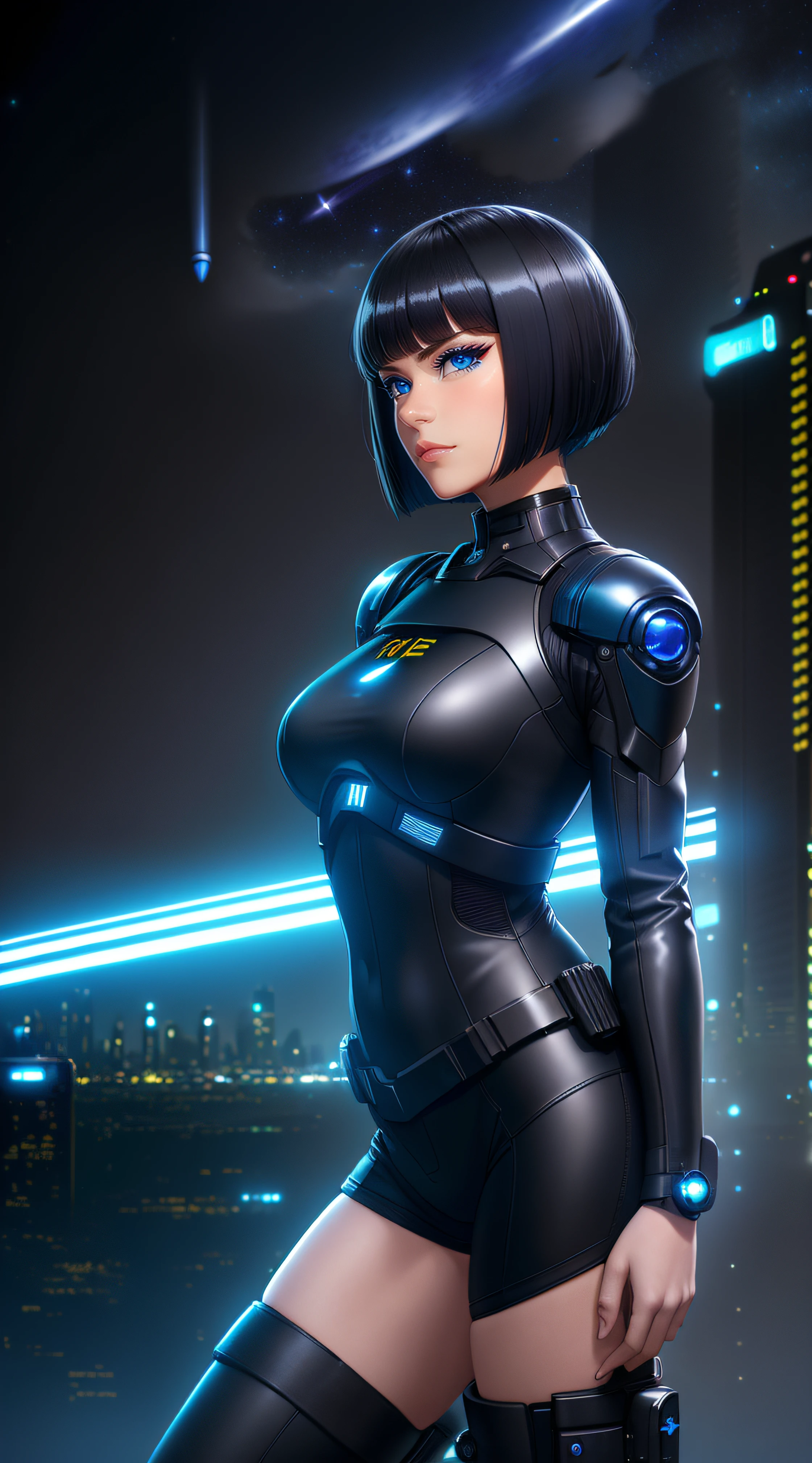 Science Fiction,Sci-Fi,Sci-Fi Movies,Foundation Movie References,Stories about Rebellion,Anti-Government Groups,25-Year-Old Woman, Full Body, Adult,Dark Blue Water-Colored Eyes,Black Bob Short Hair,leather body suit,Serious Face,Realistic Face Resolution,Realistic,Object Resolution, (dark city night black background:1.4)