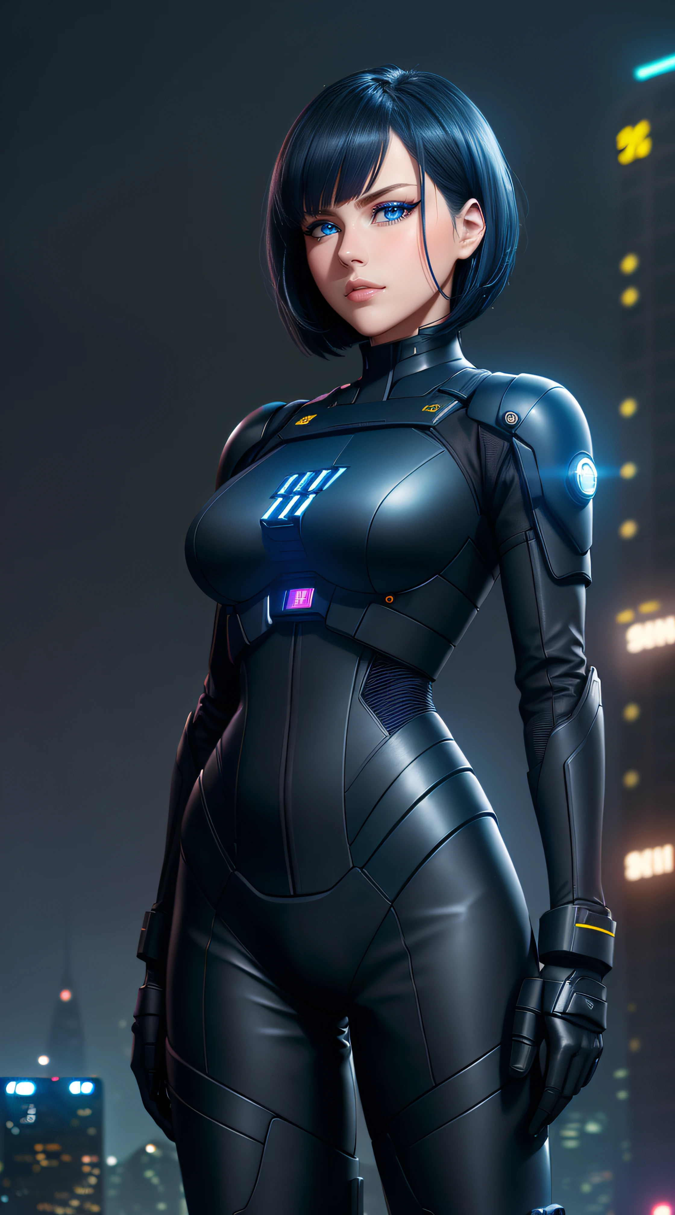 Science Fiction,Sci-Fi,Sci-Fi Movies,Foundation Movie References,Stories about Rebellion,Anti-Government Groups,25-Year-Old Woman, Full Body, Adult,Dark Blue Water-Colored Eyes,Black Bob Short Hair,leather body suit,Serious Face,Realistic Face Resolution,Realistic,Object Resolution, (dark city night black background:1.4)