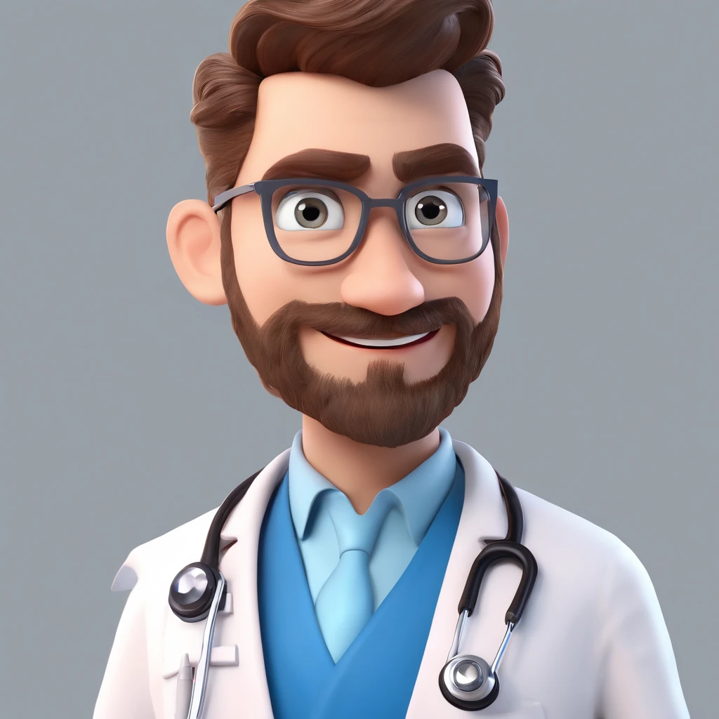 Make a Pixar Style Realistic Poster of 3D Animation. O personagem sem barba, olhos azuis, cabelos loiros penteados para o lado esquerdo, magro, wearing a white doctor's coat, watch on left wrist, Has an Arabian face, 8k, coloque um hospital de fundo, Put on a stethoscope