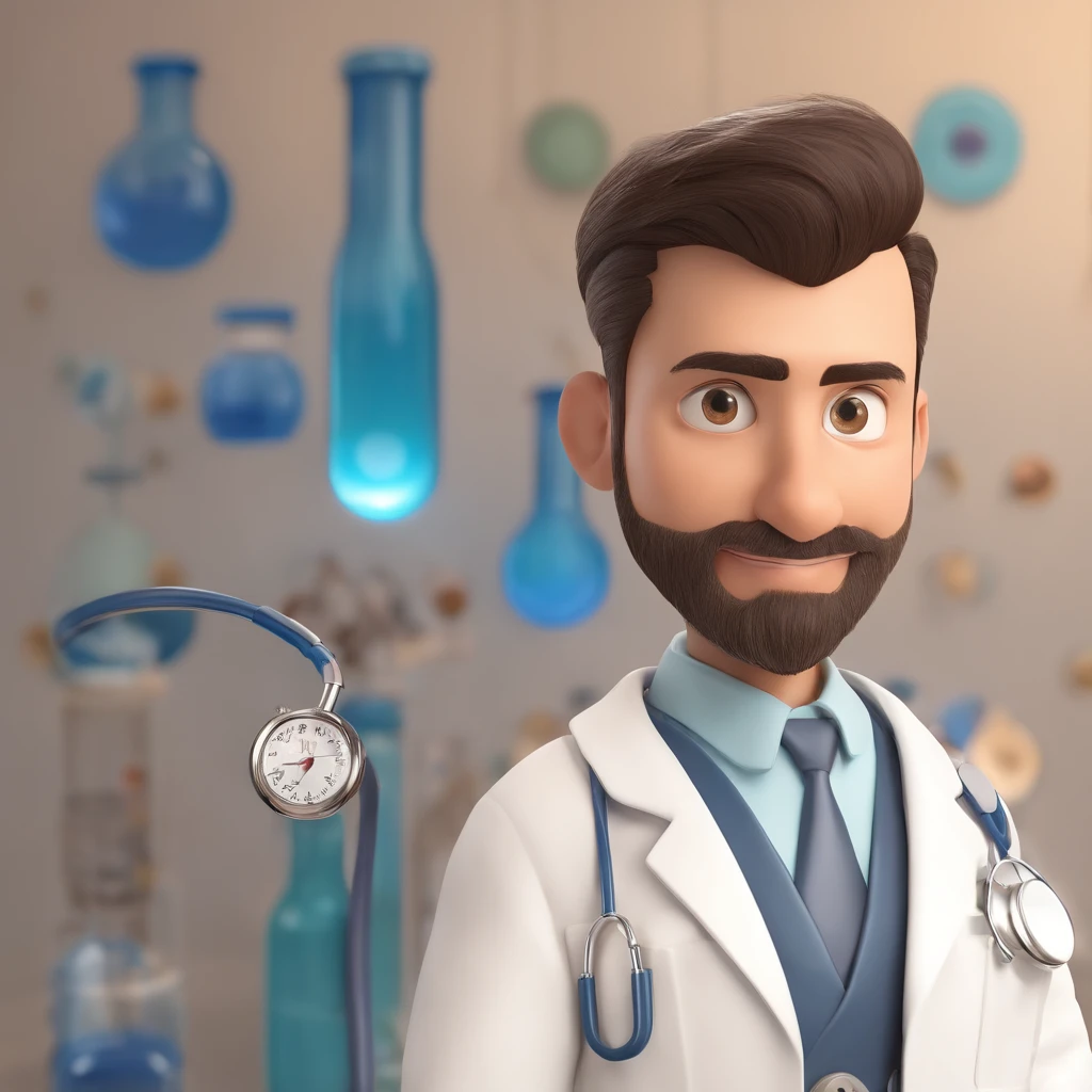 Make a Pixar Style Realistic Poster of 3D Animation. O personagem sem barba, olhos azuis, cabelos loiros penteados para o lado esquerdo, magro, wearing a white doctor's coat, watch on left wrist, Has an Arabian face, 8k, coloque um hospital de fundo, Put on a stethoscope