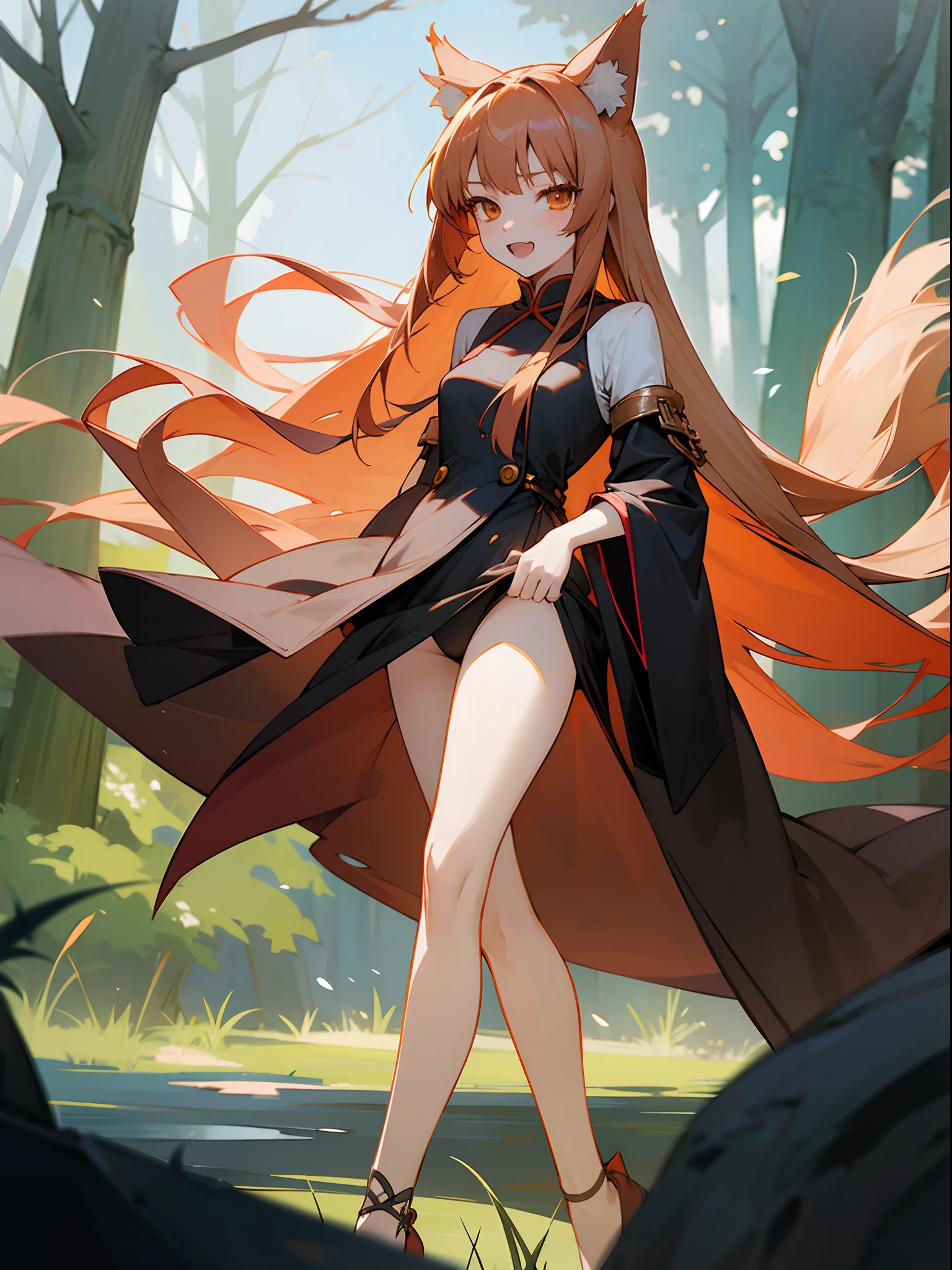 anime girl in a short dress with long hair, looking at viewer, Horo, Horo from spice and wolf, photo of Horo from spice and wolf, art feminine, anime girl with long hair, high detailed official artwork, holo, epic light novel art cover, anime goddess, highly detailed exquisite fanart, cute anime waifu in a nice dress, big thighs, clear legs, forest background, fangs, thongs, wolf tail
