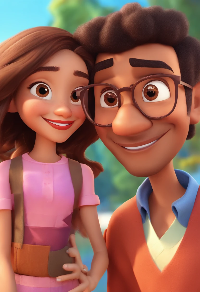 An illustration of an adorable couple, Highlight for a chubby mulatto man with glasses smiling and a brunette woman with beautiful expressive eyes - the man's skin is mulatto and the man's hair haswhile the woman's skin is black and the woman's hair is straight and brown. They are a bright room, cada um com um sorriso no rosto, e compartilhar um momento especial caracterizado pelo amor, Insights. Illustrate this scene from a perspective where they are facing the camera, Smiling and Showing Your Connection. Desenvolva esta arte em Full HD, Focus on your cinematic touch, Estilo Disney Pixar Animations