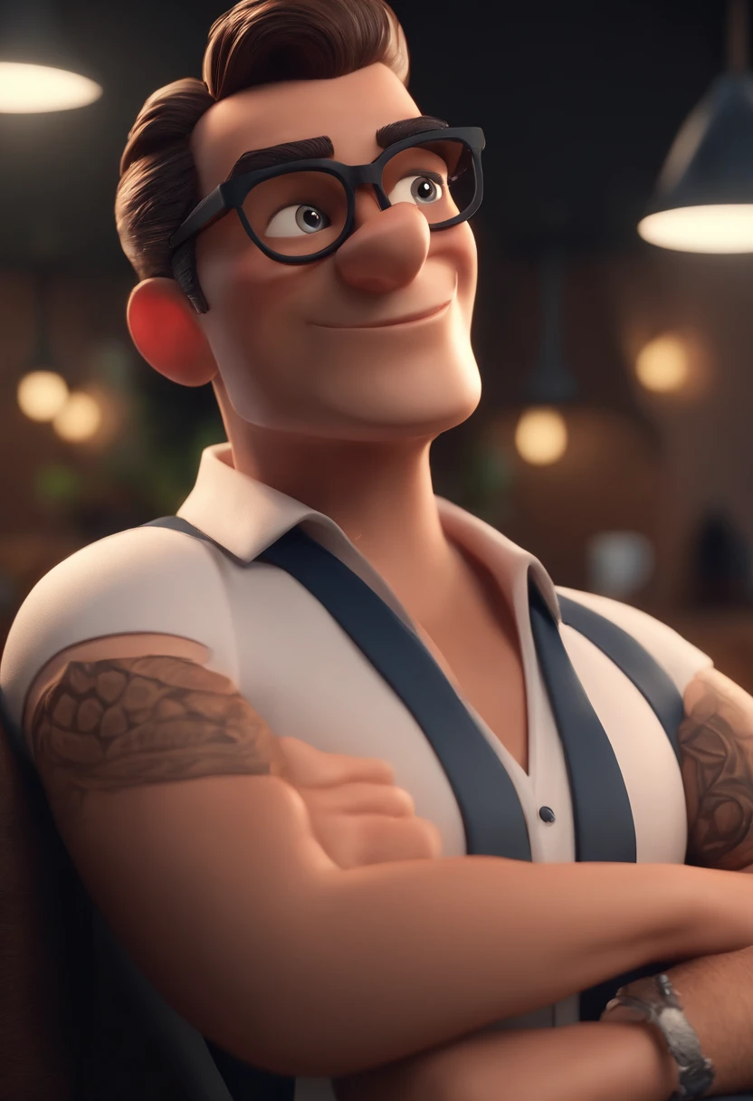 Cartoon character of a man with black glasses and a white shirt, With eyebrow scratch and tattoo on arm of animation character, Caractere estilizado, animation style rendering, 3D estilizado, Arnold Maya render, 3d stylized rendering, toon render keyshot, Personagem 3D, Personagem 3D, 3d rendering stylized, 3 d character render, personagem de desenho animado, Personagem de close up, Pose de personagem, (Estilo Pixar) (master part:1.2) (Bokeh) (melhor qualidade) (pele detalhada) (textura detalhada) (8k) (argila) (Cinematic lighting) (foco nítido)
