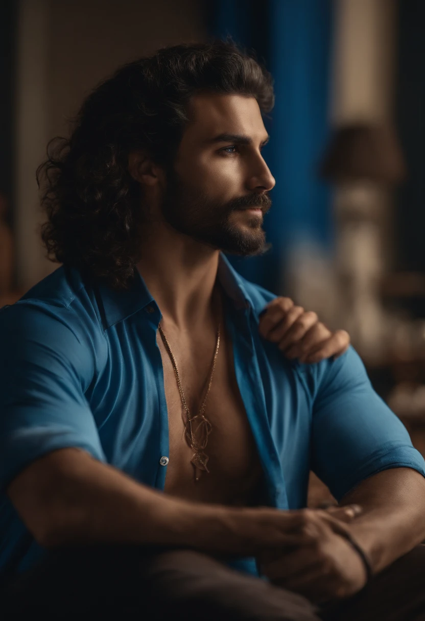 homem, cabeludo, sem barba, estilo Disney, cor de pele morena, segurando uma bola, com uma camisa azul, que esteja escrito na camisa "Esportes da Sorte", 8k.
