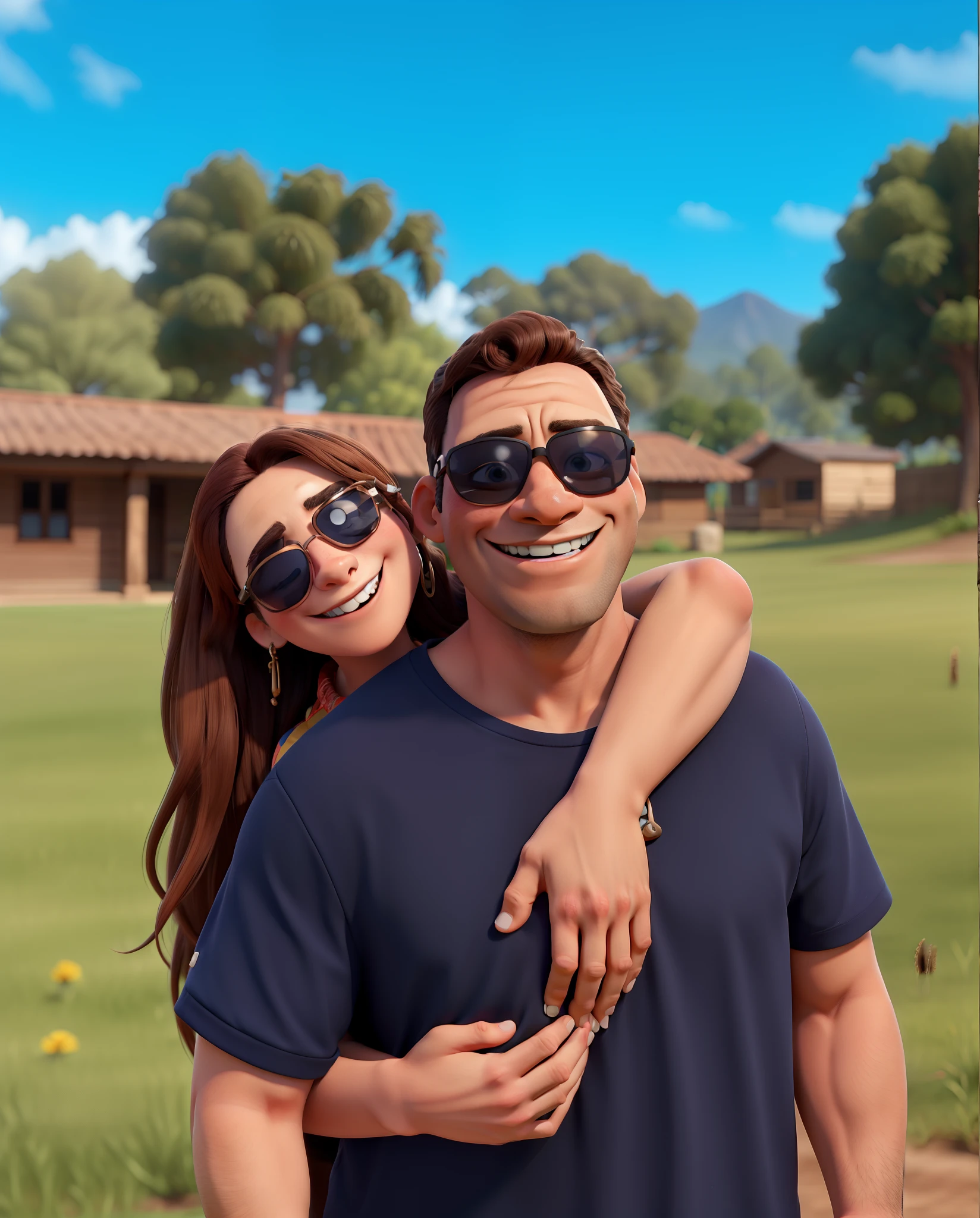 Homem de pele marrom, Smiling and being hugged by woman in sunglasses smiling, alta qualidade, melhor qualidade