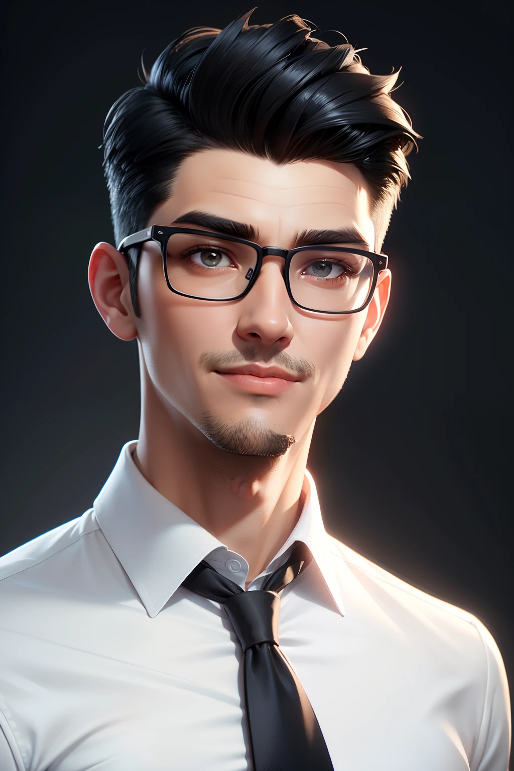 Close-up of a man wearing glasses in a white shirt, blue tie and black hair, brush cut，Little young people，Job sales，ssmile，wears glasses， high quality character design, very stylized, Detailed unblurred face, Stylized 3 D