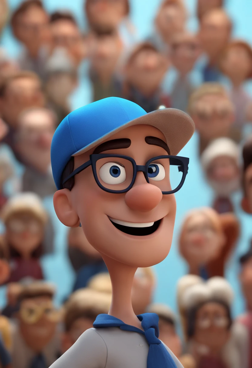 Cartoon character of a man wearing black glasses and a blue shirt, um personagem animado, Caractere estilizado, animation style rendering, 3D estilizado, Arnold Maya render, 3 d render stylized, toon render keyshot, Personagem 3D, Personagem 3D, 3d rendering stylized, 3 d character render, personagem de desenho animado, Personagem de close up, Pose de personagem, (Estilo Pixar) (master part:1.2) (Bokeh) (best quality) (pele detalhada) (textura detalhada) (8k) (argila) (Cinematic lighting) (foco nítido,Senta e vaza a parte superior do corpo