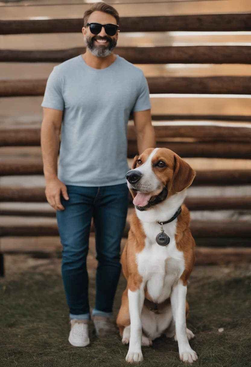 Pixar. Casal com um filhote de cachorro beagle marrom. A menina tem os cabelos loiros amarrados, Camiseta cinza e jeans claro, white glasses. O menino de cabelos pretos com cabelos grisalhos, barba pequena, oculos, Dark blue jeans and gray t-shirt. They are both smiling and are 40 years old