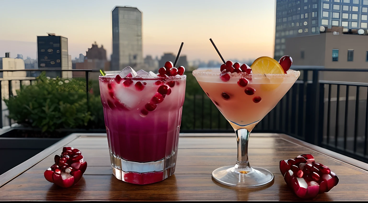 a New York rooftop terrace, with a stunning Grape and Pomegranate cocktail right in front of me. Its vibrant colors are captivating, and as I take a sip, the blend of sweet and tart flavors is absolutely refreshing. It's a work of art in a glass.