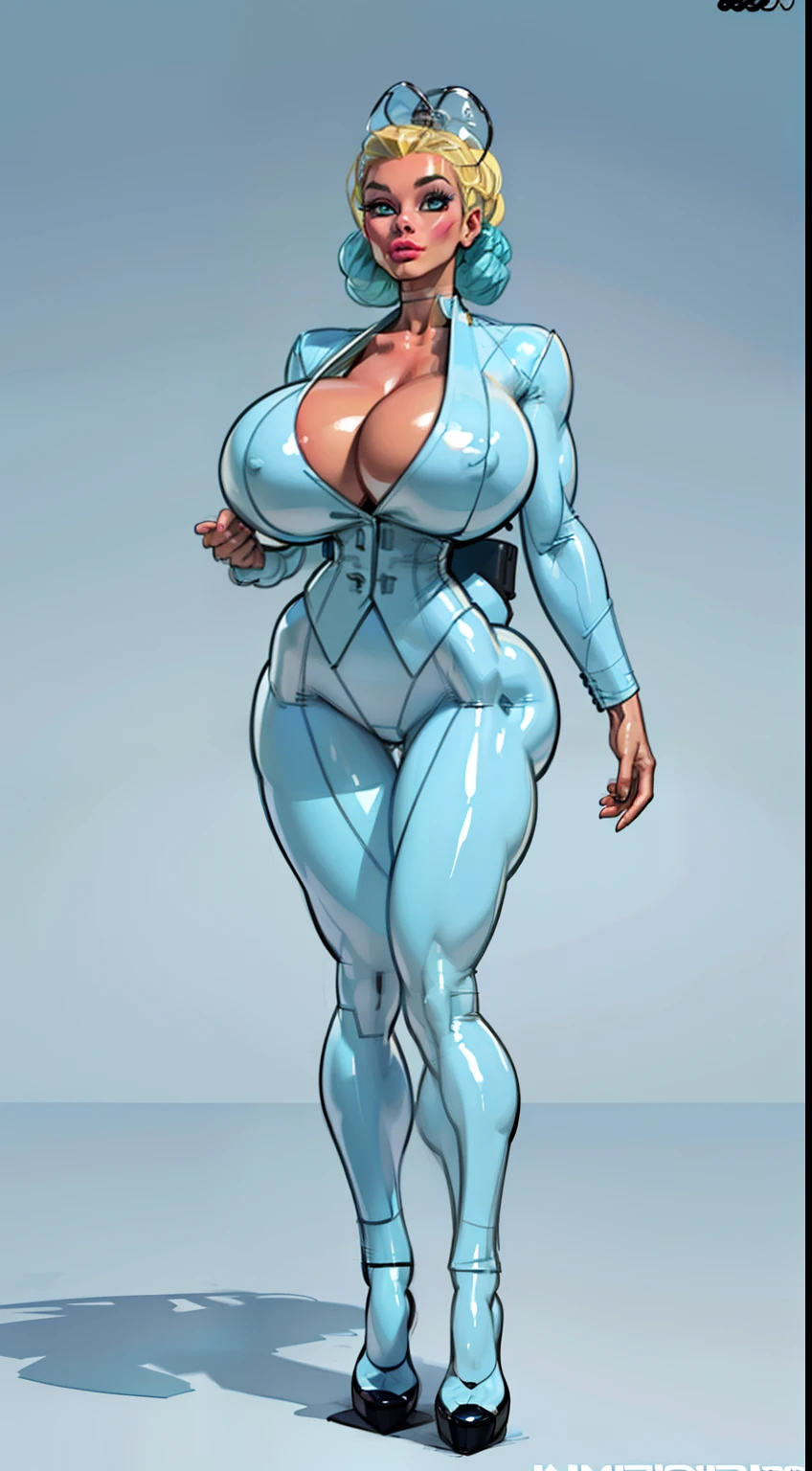 ((masterpiece)),(((best quality))), ((character design sheet:1.4)), ((full body view)) illustration,1girl, muscular, ((light blue business suit:1.4)), bubbles, (((Beehive hairstyle:1.4))), ((light blonde hair:1.4)), blue suit ((detailed face:1.4)) ((gigantic breasts:1.6)), (latex pants), ((cleavage)), beautiful woman, shiny skin, (thick legs), scribbles and marks, rough sketches, pose, 8k,16k, (simple background, white background: 1.3)