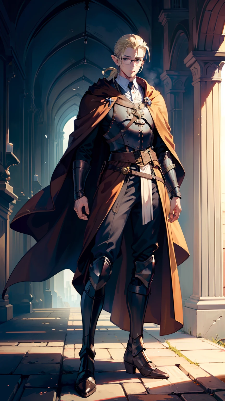 (((((male))))), masterpiece, ultra detailed, 8K Portrait, Raw photo, man's portrait photography, Highly detailed face, beautiful and meticulous eyes, ((Fantasy)), 35 years old (((man))), (((Male body))), elf, 190 cm, tall, Glasses, ((Blonde)) Ponytail (((slick back hair))), Kind face, Smile, adventurer, Hooded (((Dark brown silk long cloak))) Fluttering in the wind, (((Male White Plate Armor))), Leather boots, Holding a long magic sword, Midday Sun, Hyper realistic, Strong body, Long legs, in a castle, Ambient lighting, Shadow details , Camera focus on face, strong breeze, Light fog