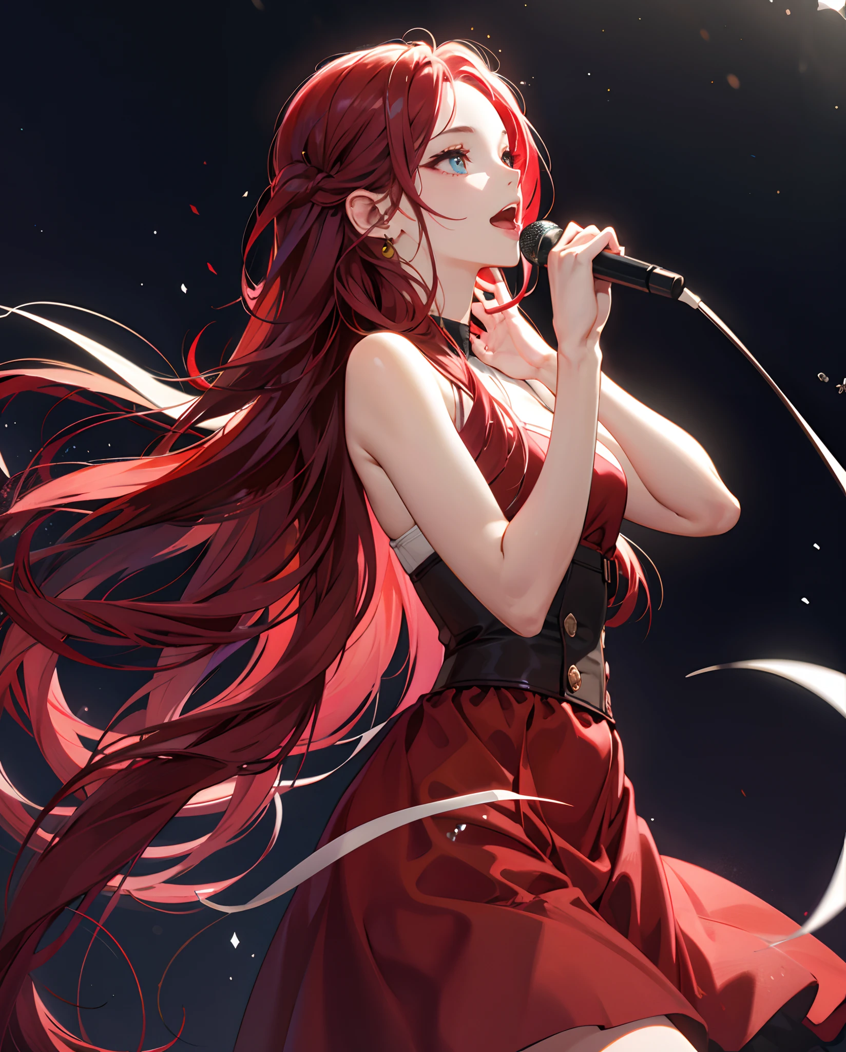 Singing girl,Has long, straight red hair