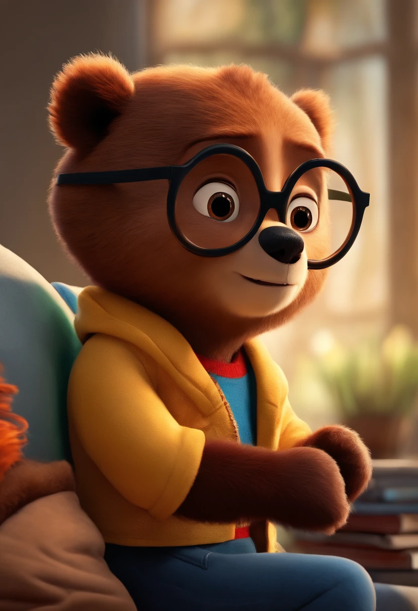 estilo desenho animado, Pixar, wearing round glasses, segurando um urso de pelucia, roupa de escoteiro,