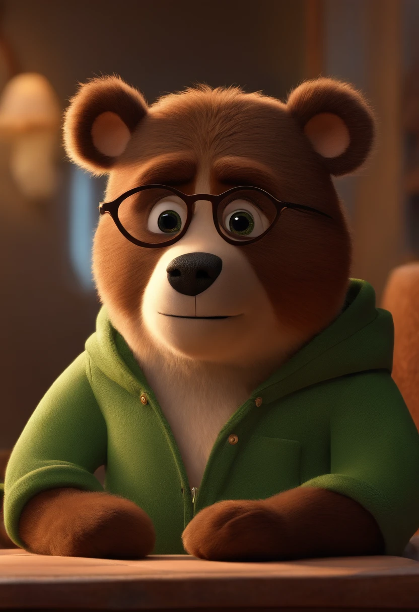 Menino estilo desenho animado, Pixar, wearing round glasses, segurando um urso de pelucia, roupa de escoteiro,
