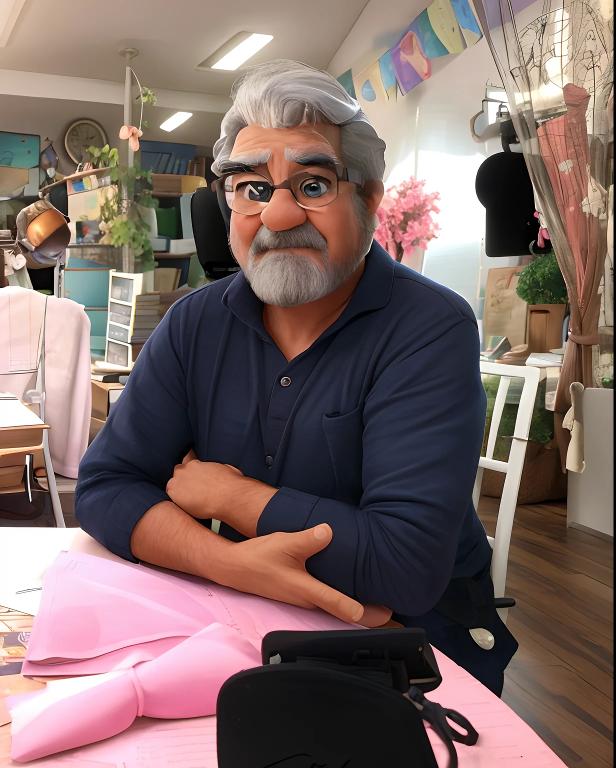 velho, inspirado na Disney Pixar, Inspirado pelo pastor ( Rubens Janeiro ) A gray-haired man wearing glasses in an office with a book on the table looking to the serious future, old man, cabelos grisalhos, um terno