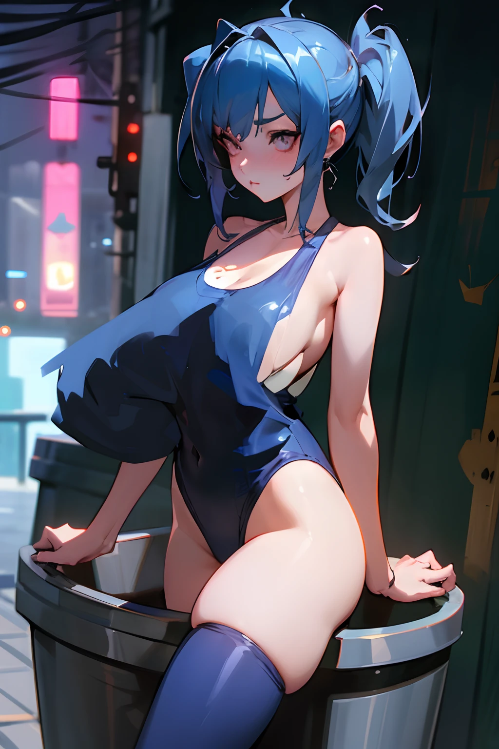 Anime - style woman in blue swimsuit sitting in trash can, an oppai cyberpunk, Seductive Anime Girl, Ilya Kuvshinov. 4 k, Trending on CGSTATION, biomechanical oppai, by Ross Tran. scenic background, Trending on ArtStation pixiv, wearing a swimming wear, ross tran style, Chic, very detailed Artgerm