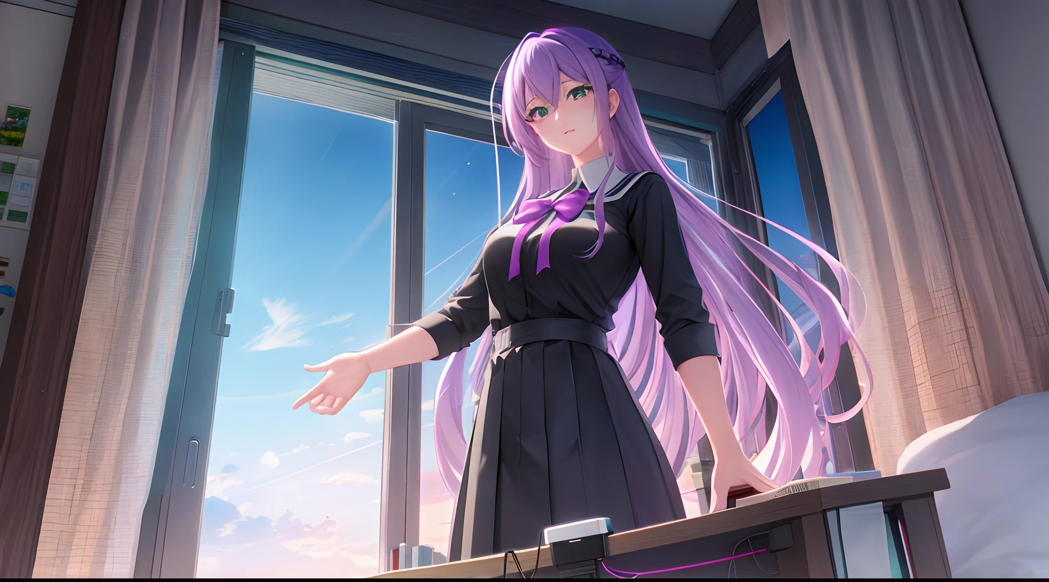 Athena with plain long light purple hair,hair between eyes,green eyes,rosy cheeks,full lips,thin eyebrows,slender body,wearing black school uniform and full long skirt,praying beads on neck,cute anime girl,full body,computer bedroom in background,anime style,Lumen Reflections,Screen Space Reflections,Diffraction Grading,Chromatic Aberration,GB Displacement,Scan Lines,Ray Traced,Anti-Aliasing,FXAA,TXAA,RTX,SSAO,Shaders,OpenGL-Shaders, GLSL-Shaders,Post Processing,Post-Production,cell Shading,Tone Mapping,CGI,VFX,SFX,insanely detailed and intricate, 4K,standing, solo, masterpiece, best quality, detailed face, detailed eyes, highres, standing, solo,masterpiece, best quality