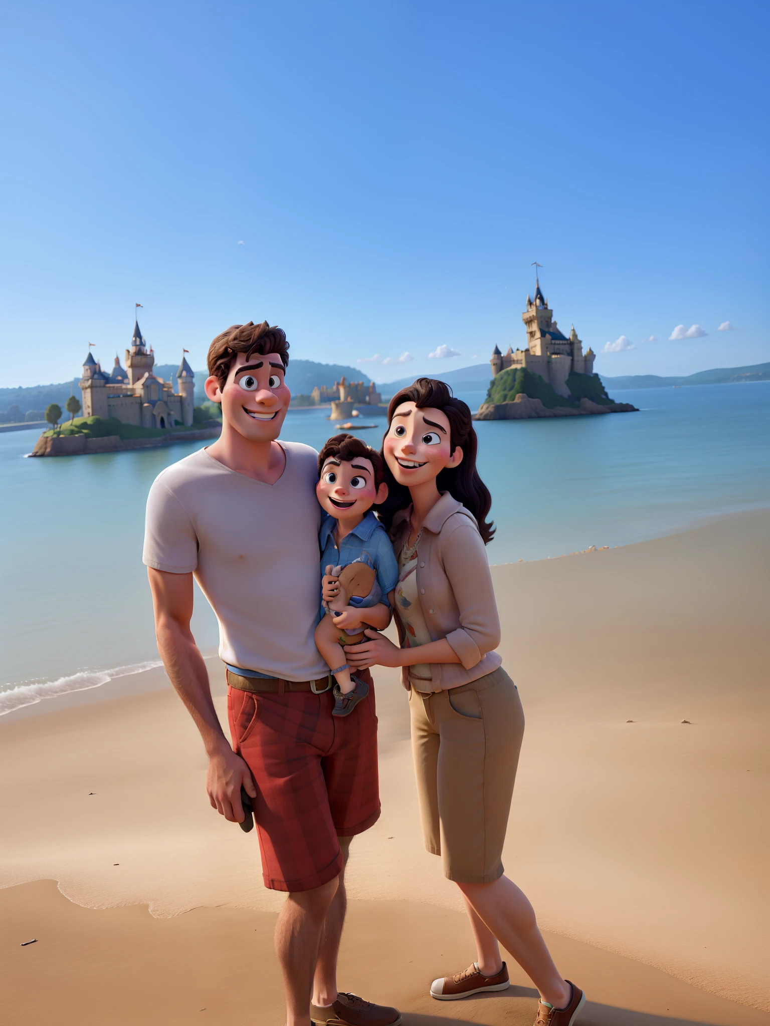 A couple in great quality and definition in the style of Disney pixar , Castelo da Disney de fundo.